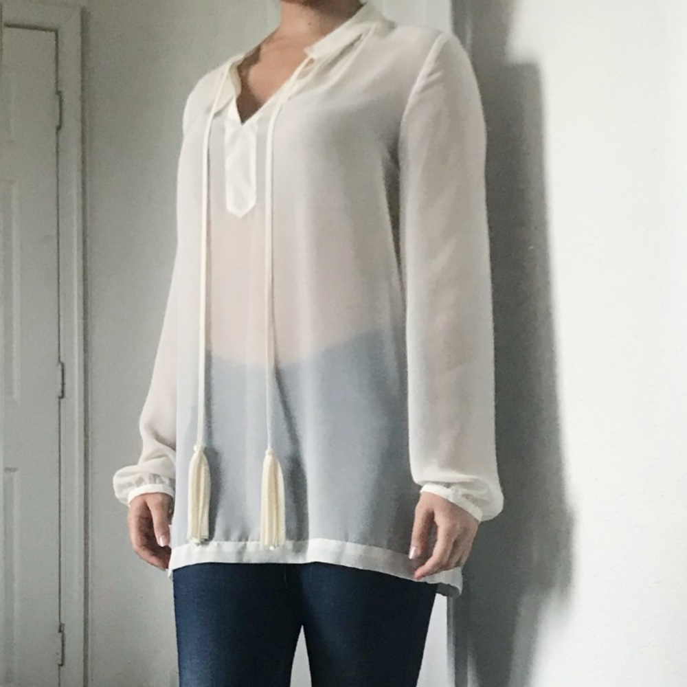 BCBGMaxAzria Sheer Beige Tunic Top with Tassels.
